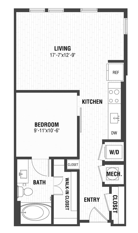 Floor plan for 1 bed, 1 bath, 655 sqft